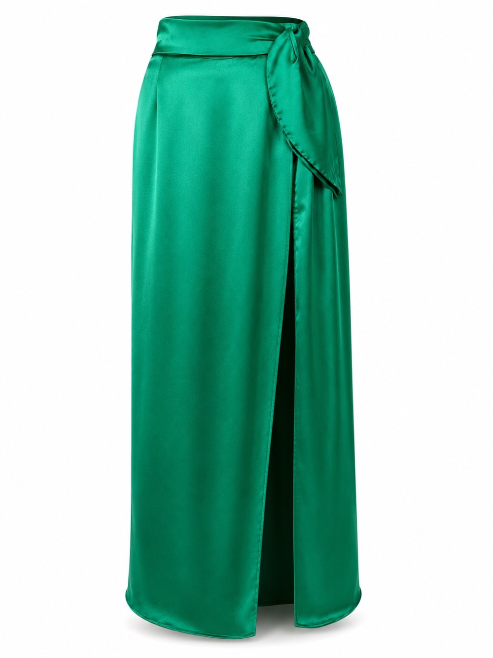 Isolda Silk Wrap Maxi Skirt Green Satin Side Slit Resort Vacation Wedding Guest - Picture 6 of 6